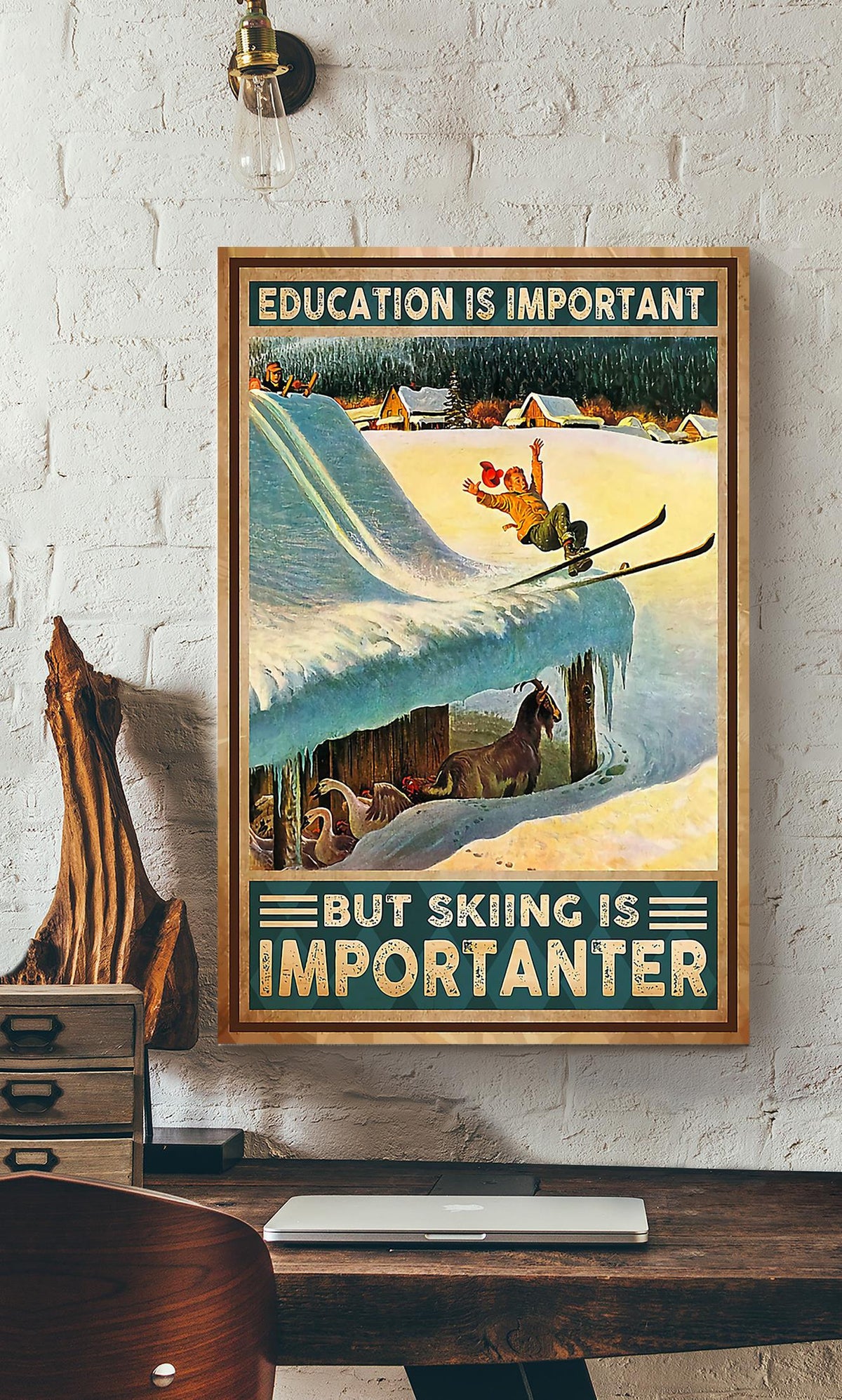 Education Is Important But Skiing Is Importer For Skier Birthday Gift Home Decor Canvas Gallery Wrapped Canvas Framed Gift Idea