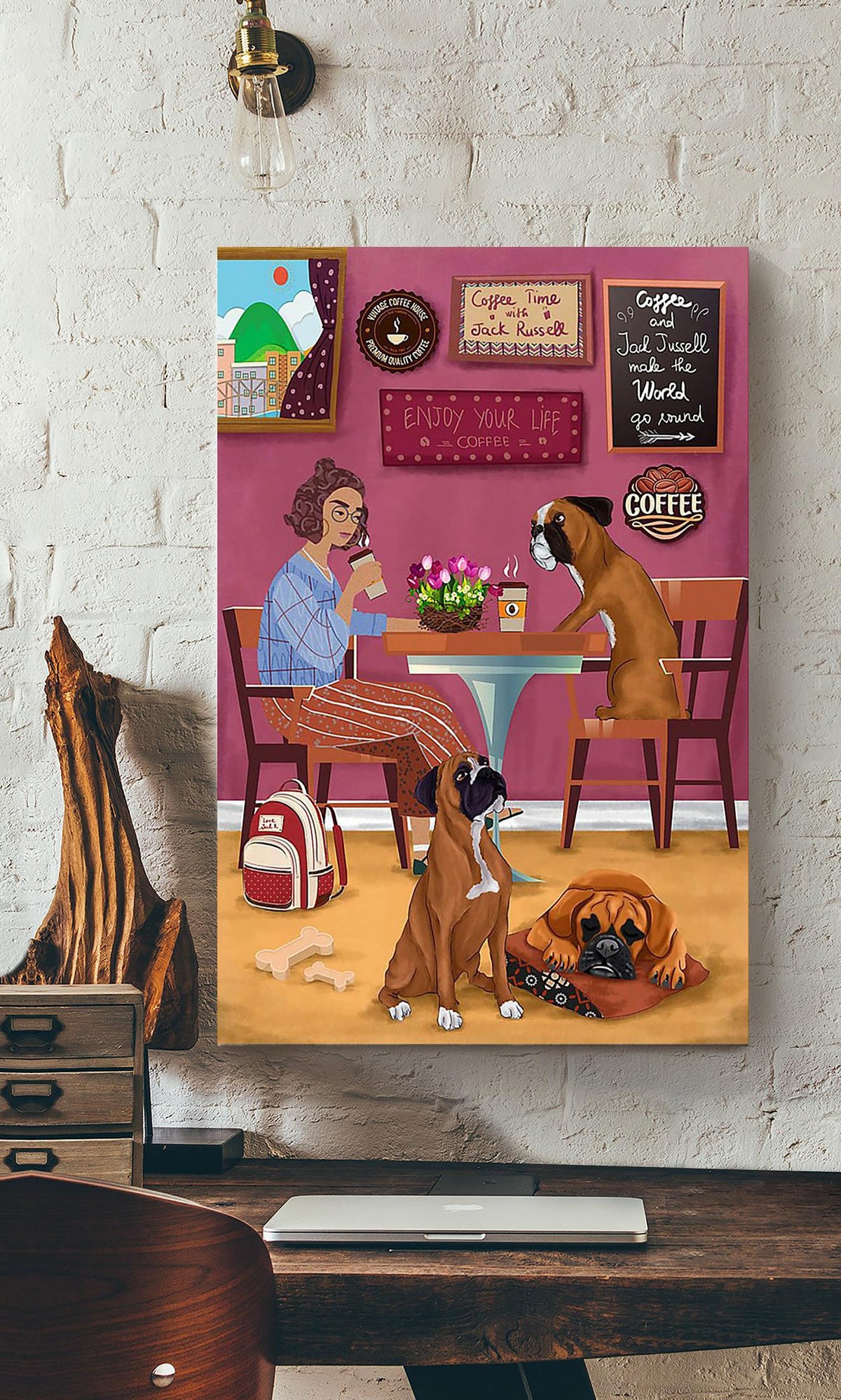 Coffee Time With Dogs Enjoy Your Life Wall Art For Dog Lover Housewarming Canvas Gallery Wrapped Canvas Framed Gift Idea Framed Prints, Canvas