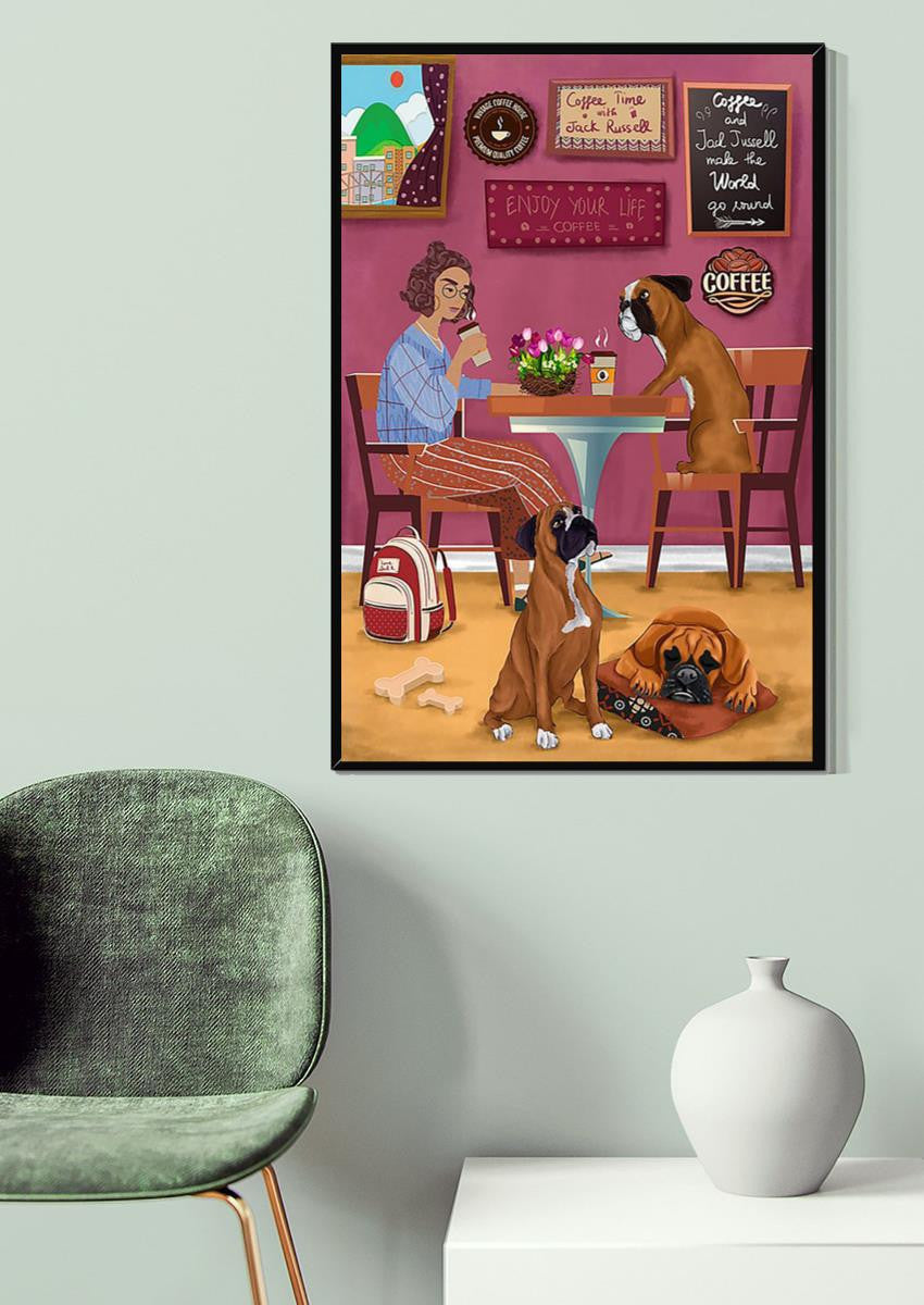Coffee Time With Dogs Enjoy Your Life Wall Art For Dog Lover Housewarming Canvas Gallery Wrapped Canvas Framed Gift Idea Framed Prints, Canvas