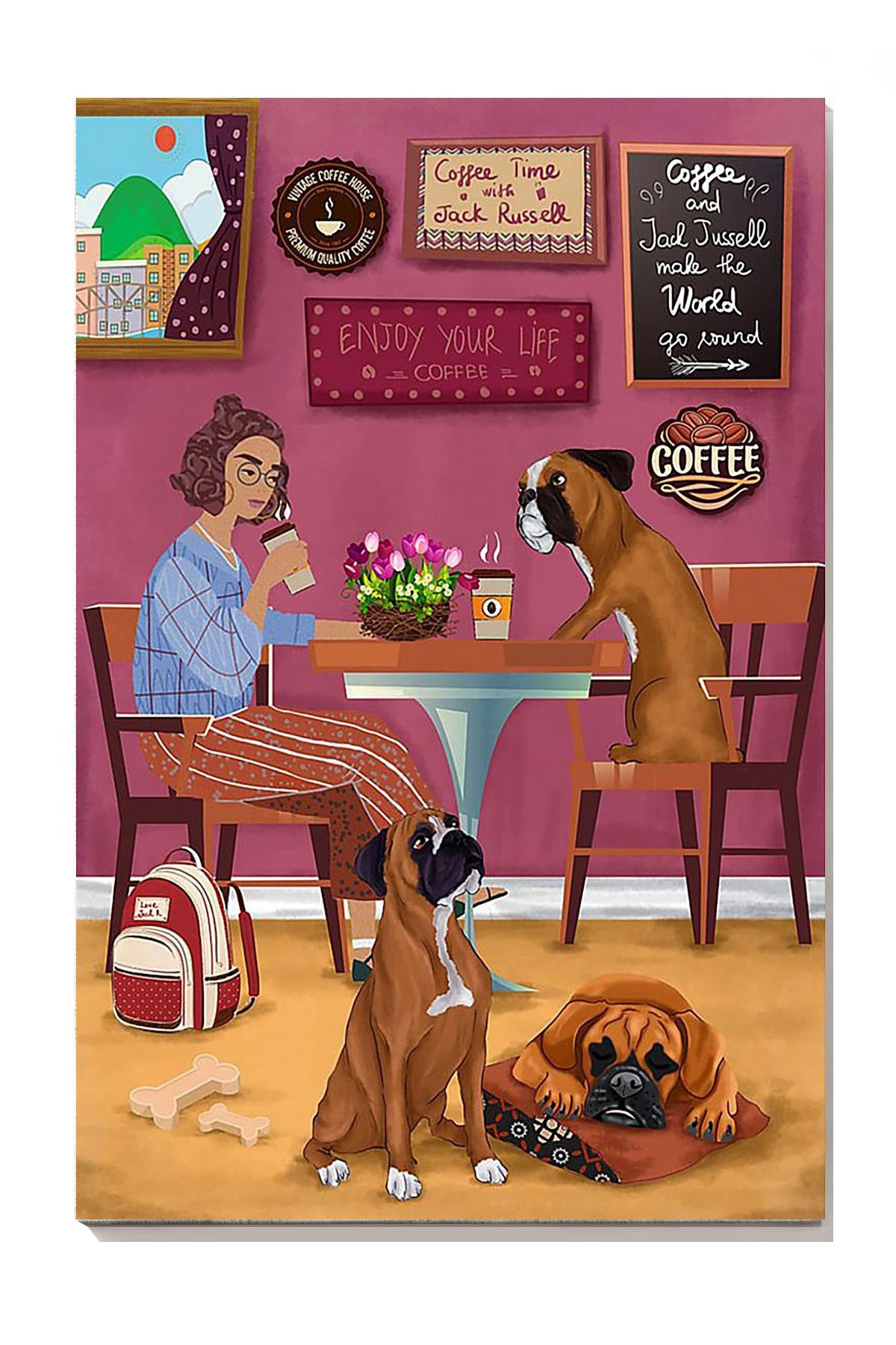 Coffee Time With Dogs Enjoy Your Life Wall Art For Dog Lover Housewarming Canvas Gallery Wrapped Canvas Framed Gift Idea Framed Prints, Canvas