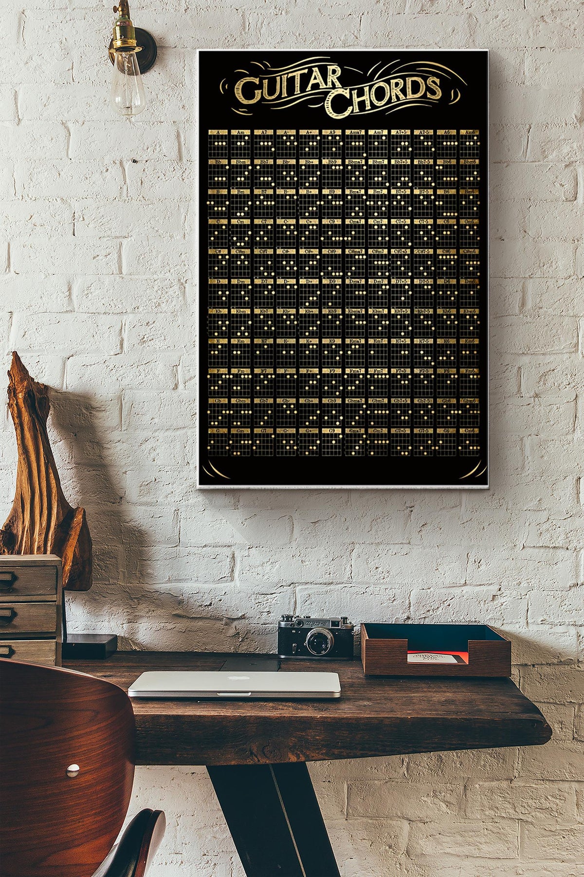 Guitar Chords Poster Black White Satin Poster Canvas Gallery Wrapped Canvas Framed Gift Idea