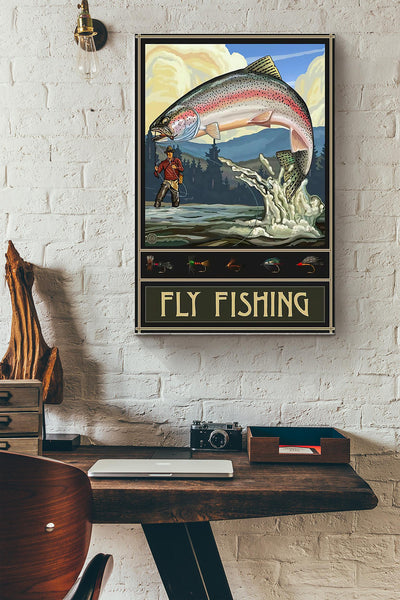 Fly Fishing Big Fish Poster Canvas Gallery Wrapped Canvas Framed Gift Idea