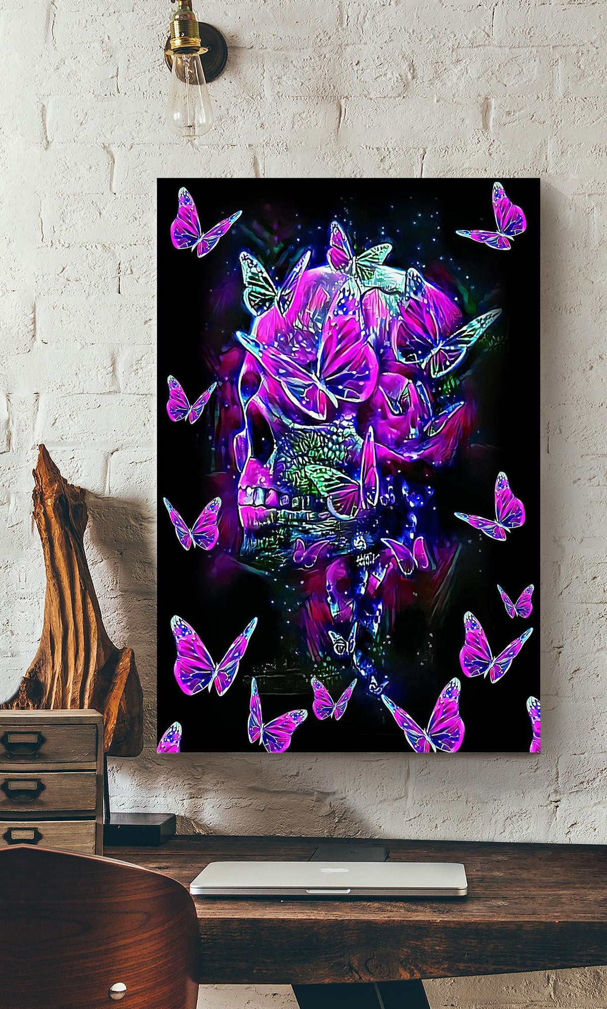 Colorful Glitter Skullcap And Butterflies Watercolor Wall Art Gift For Memorial Day Canvas Framed Prints, Canvas