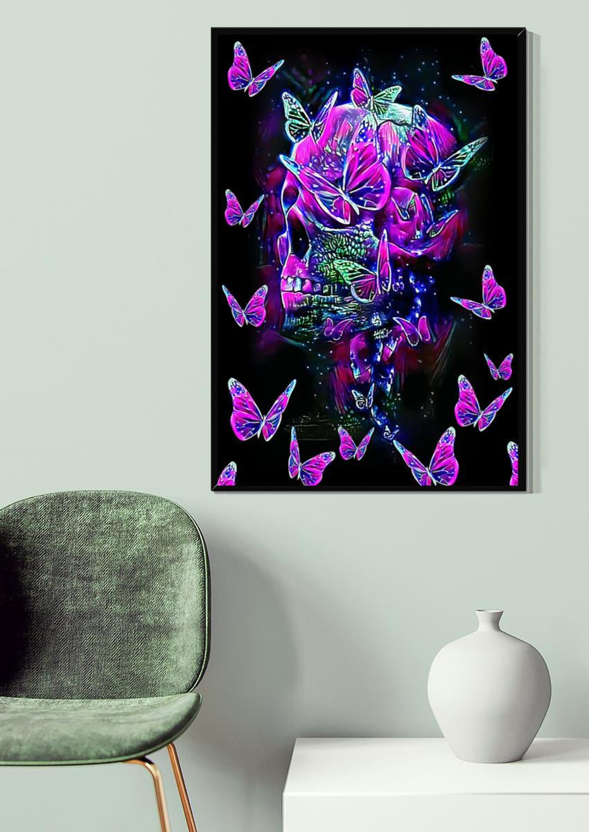 Colorful Glitter Skullcap And Butterflies Watercolor Wall Art Gift For Memorial Day Canvas Framed Prints, Canvas