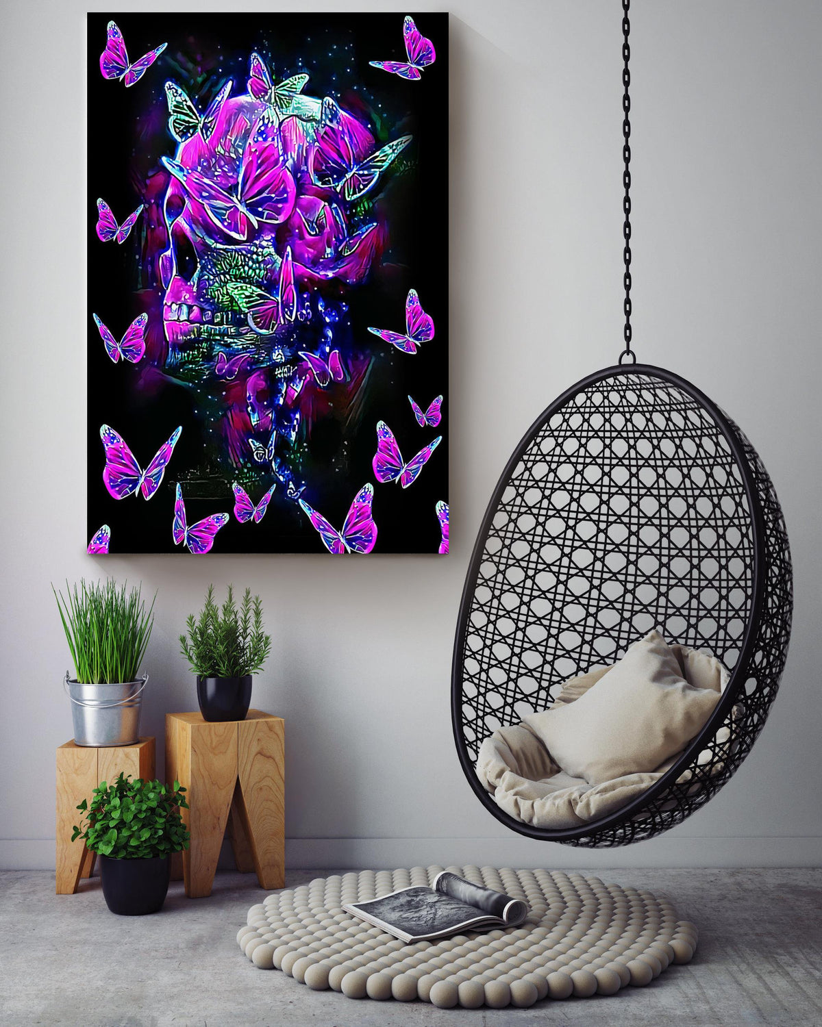 Colorful Glitter Skullcap And Butterflies Watercolor Wall Art Gift For Memorial Day Canvas Framed Prints, Canvas