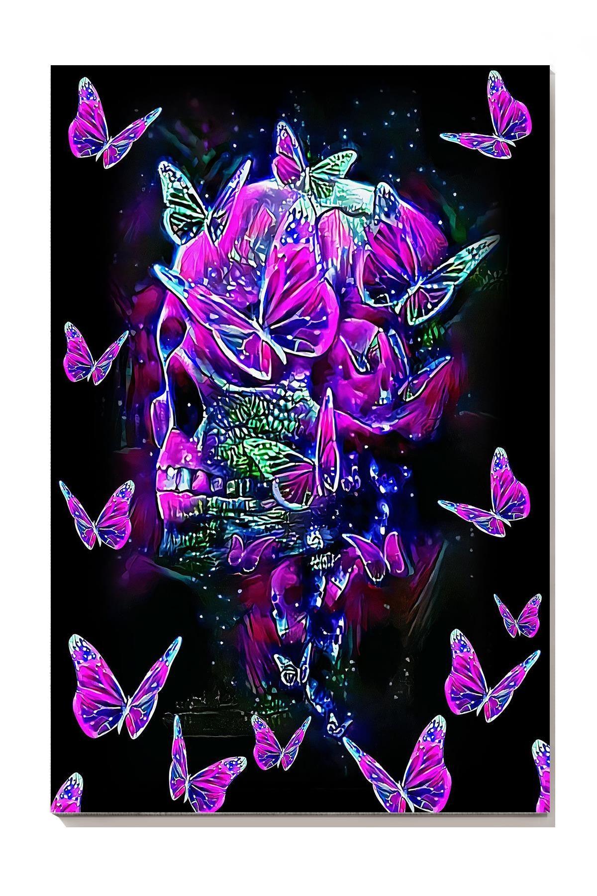 Colorful Glitter Skullcap And Butterflies Watercolor Wall Art Gift For Memorial Day Canvas Framed Prints, Canvas