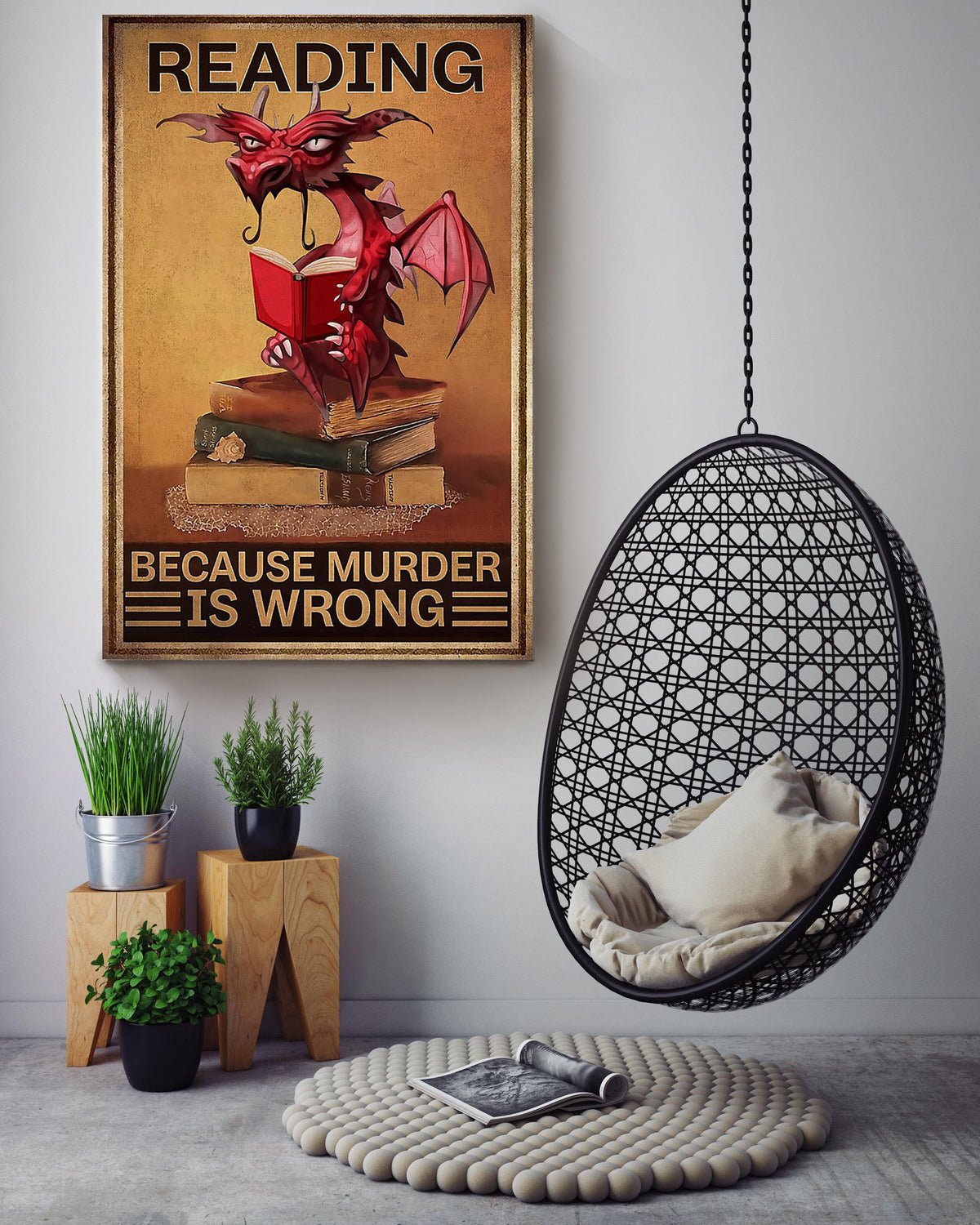 Dragon Funny Meme Reading Because Murder Is Wrong Gift For Bookworm Nerd Home Decor Canvas