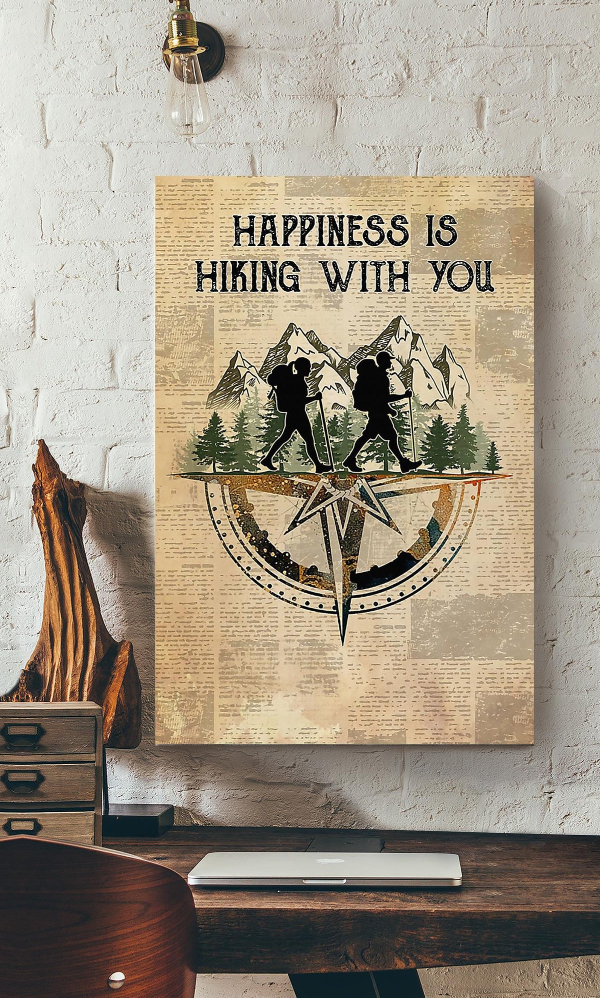 Happiness Is Hiking With You Couple Hike Together Wall Art For Home Living Room Decor Canvas Gallery Wrapped Canvas Framed Gift Idea Framed Prints, Canvas
