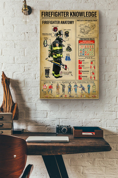 Firefighter Knowledge Basic Information Poster - Firefighter Wall Art - Gift For Firefighter Soldier Father Fathers Day Canvas Gallery Wrapped Canvas Framed Gift Idea Framed Prints, Canvas