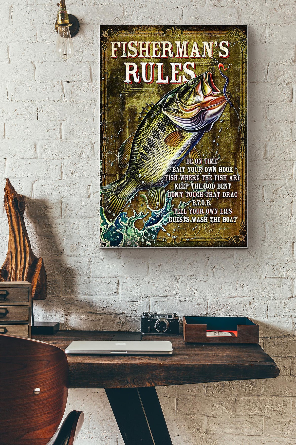 Fisher Man Rules Fishing Poster Canvas Gallery Wrapped Canvas Framed Gift Idea