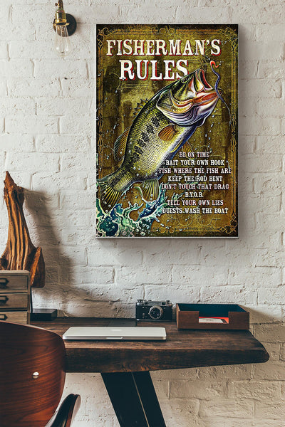 Fisher Man Rules Fishing Poster Canvas Gallery Wrapped Canvas Framed Gift Idea