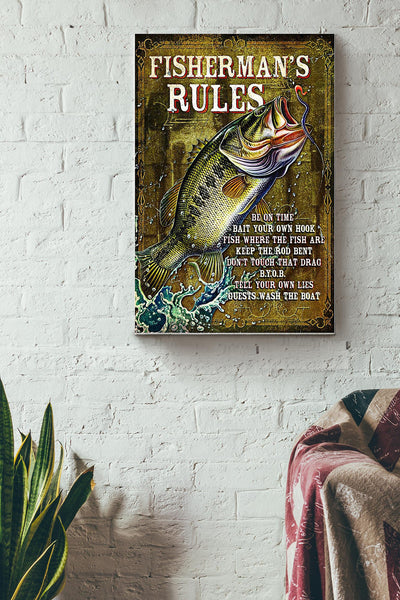 Fisher Man Rules Fishing Poster Canvas Gallery Wrapped Canvas Framed Gift Idea