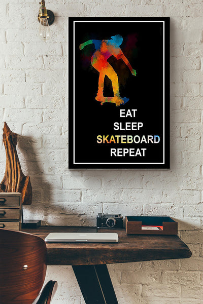Eat Sleep Skateboard And Repeat Skateboard Colorful Poster Canvas Gallery Wrapped Canvas Framed Gift Idea