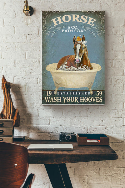 Horse And Co. Bath Soap Wash Your Hooves Poster - Animal Wall Art - Gift For Horse Lover Cowboy Home Decor Bathroom Decor Canvas Gallery Wrapped Canvas Framed Gift Idea Framed Prints, Canvas