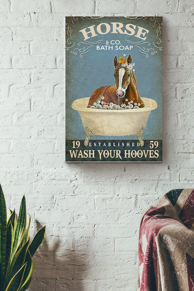 Horse And Co. Bath Soap Wash Your Hooves Poster - Animal Wall Art - Gift For Horse Lover Cowboy Home Decor Bathroom Decor Canvas Gallery Wrapped Canvas Framed Gift Idea Framed Prints, Canvas