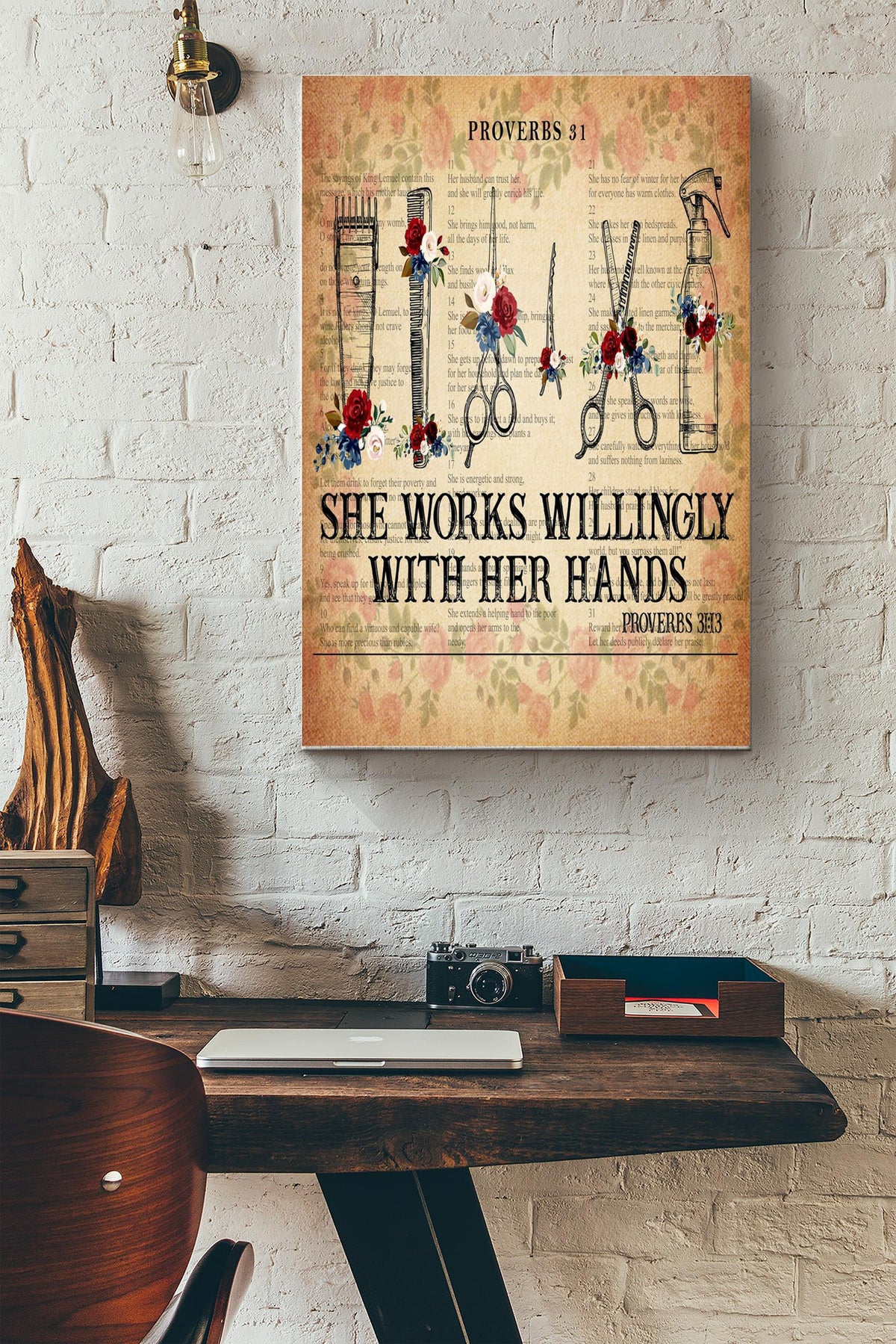 Hairstylist She Works Willingly With Her Hands Proverbs 13 13 Poster Canvas Gallery Wrapped Canvas Framed Gift Idea