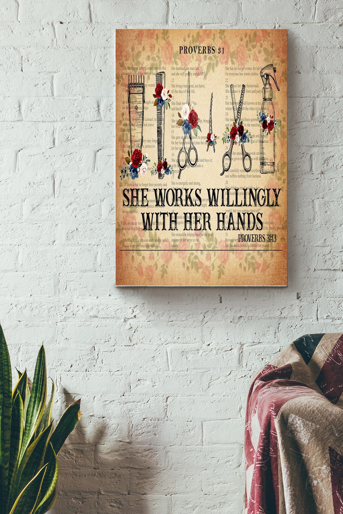 Hairstylist She Works Willingly With Her Hands Proverbs 13 13 Poster Canvas Gallery Wrapped Canvas Framed Gift Idea