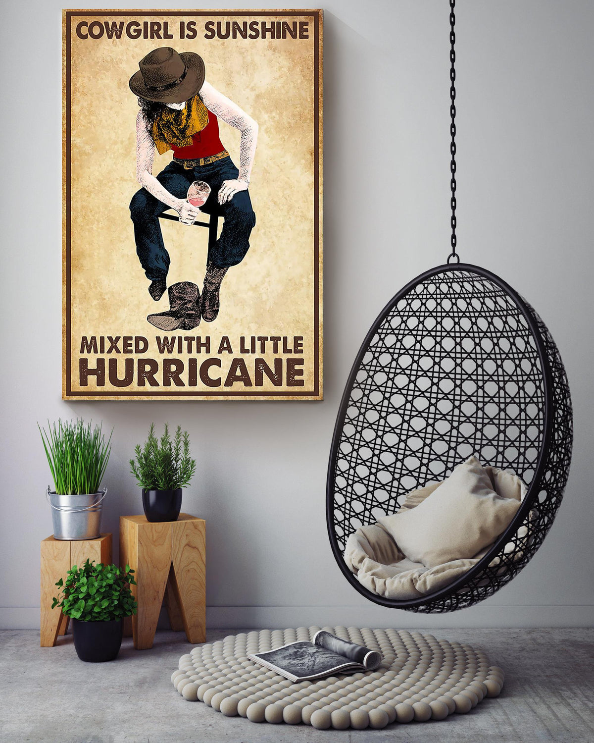 Cowgirl Is Sunshine Mixed Hurricane Poster Horse Riding Wall Art Cowgirl Cowboy Gift Canvas Framed Prints, Canvas