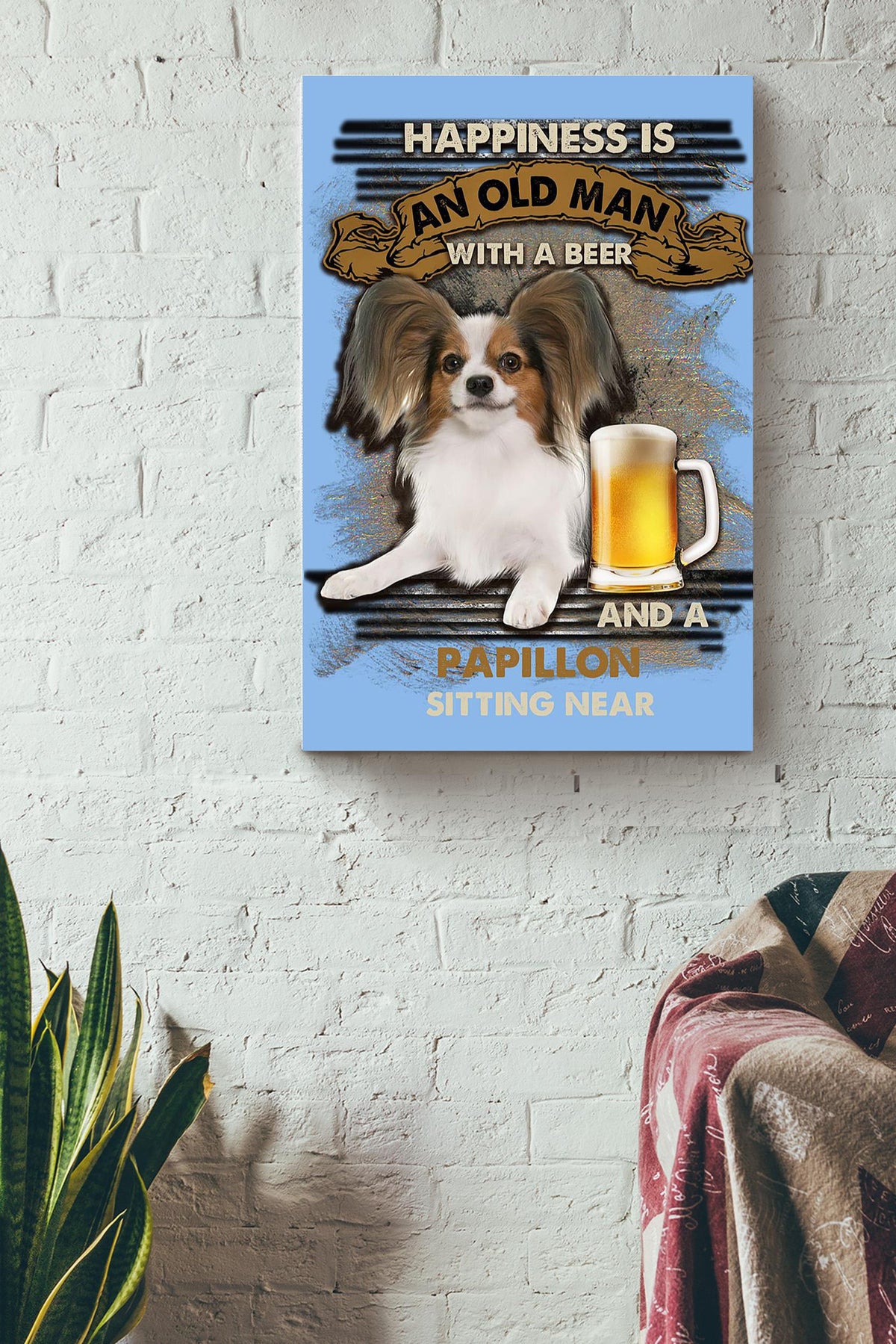 Happiness Quote Old Man With Papillon Sitting Near Vintage Wall Art For Grandfather Canvas Framed Prints, Canvas