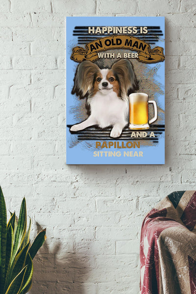 Happiness Quote Old Man With Papillon Sitting Near Vintage Wall Art For Grandfather Canvas Framed Prints, Canvas