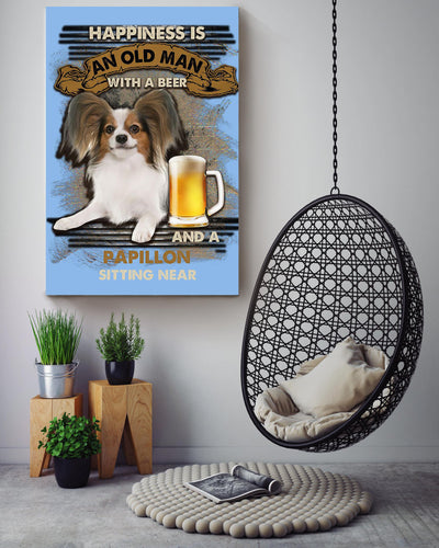 Happiness Quote Old Man With Papillon Sitting Near Vintage Wall Art For Grandfather Canvas Framed Prints, Canvas