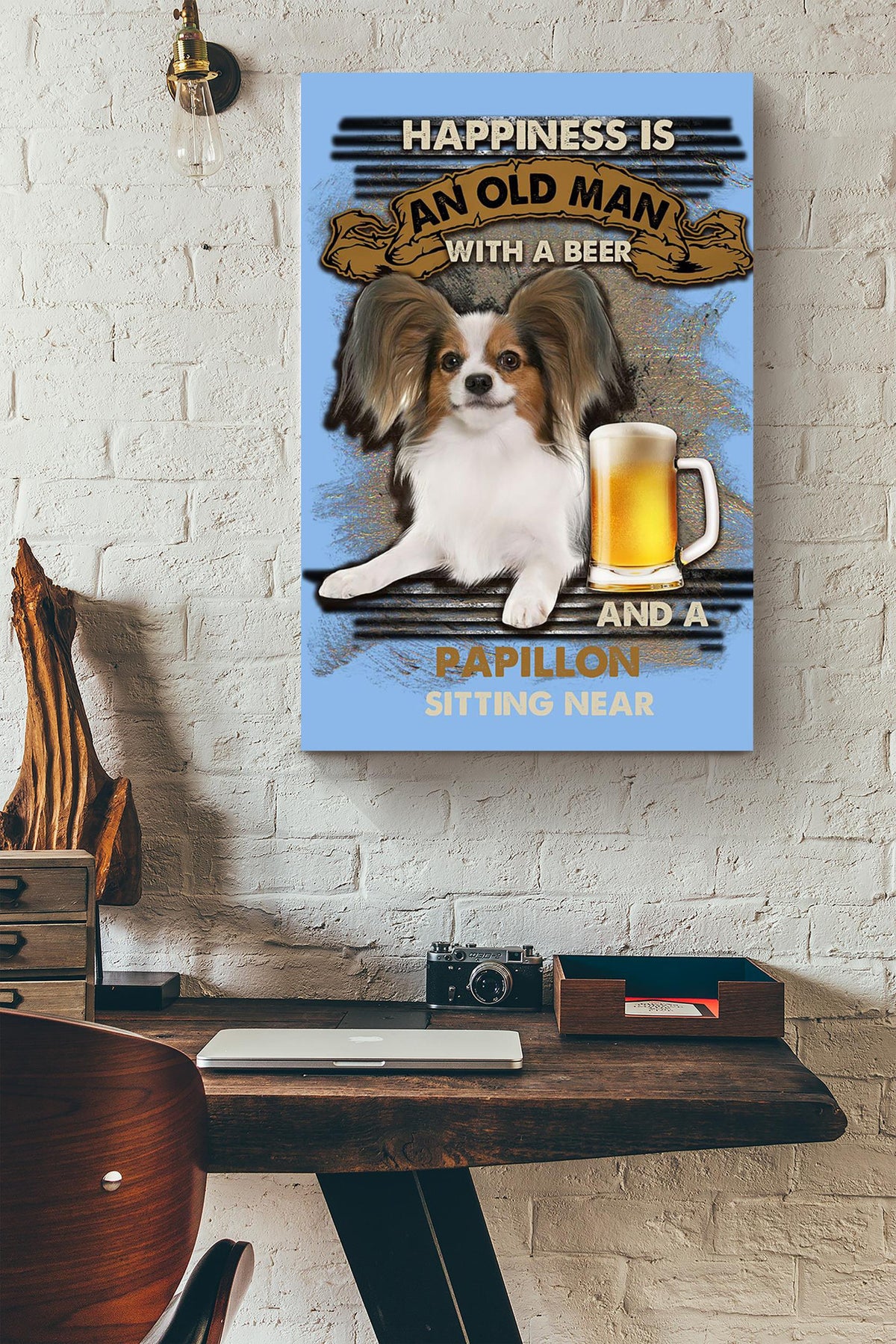 Happiness Quote Old Man With Papillon Sitting Near Vintage Wall Art For Grandfather Canvas Framed Prints, Canvas