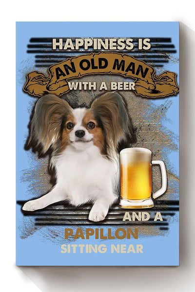Happiness Quote Old Man With Papillon Sitting Near Vintage Wall Art For Grandfather Canvas Framed Prints, Canvas