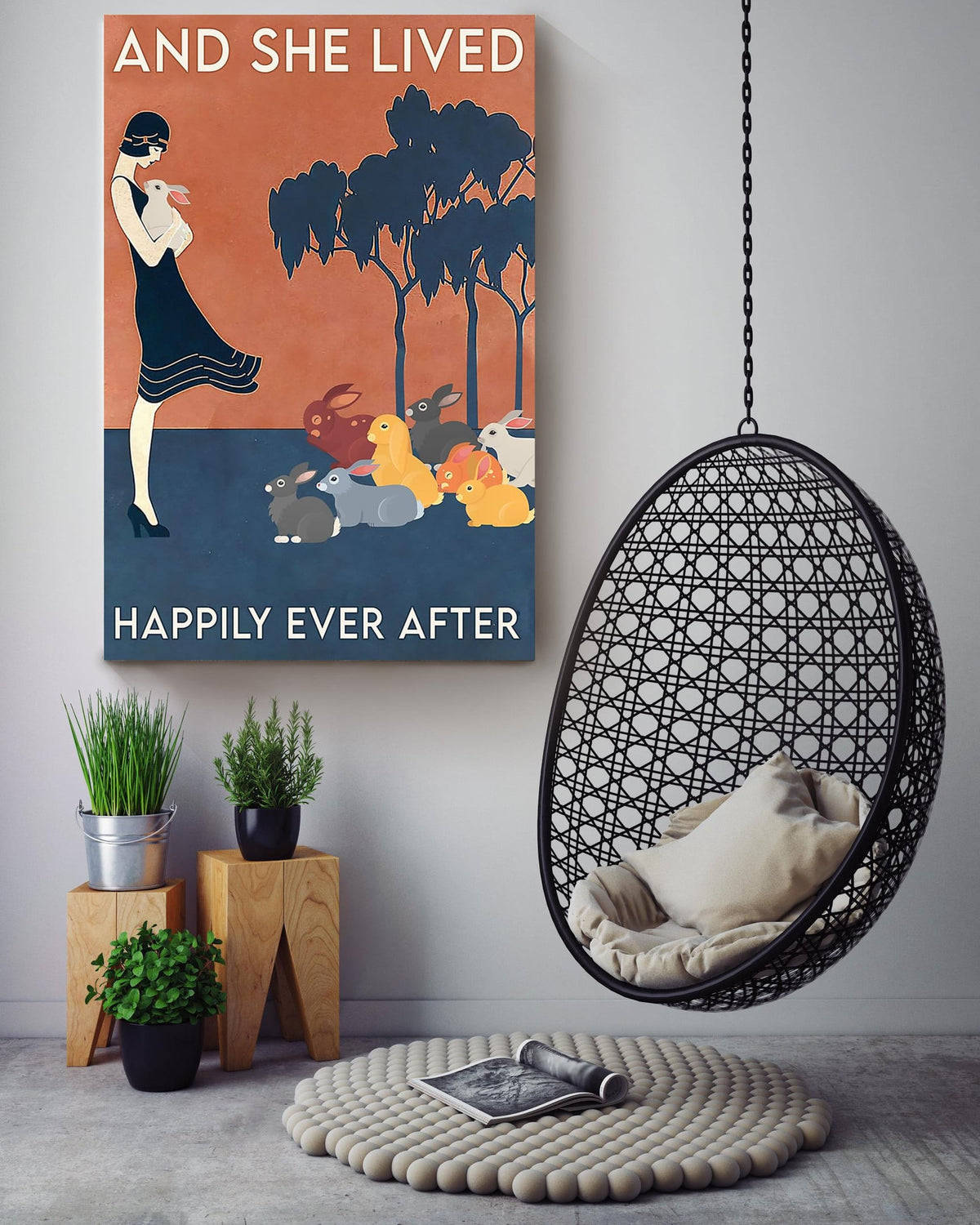 Girl With Rabbits And She Lived Happily Ever After Wall Art Gift For Rabbit Lover Canvas Gallery Wrapped Canvas Framed Gift Idea Framed Prints, Canvas