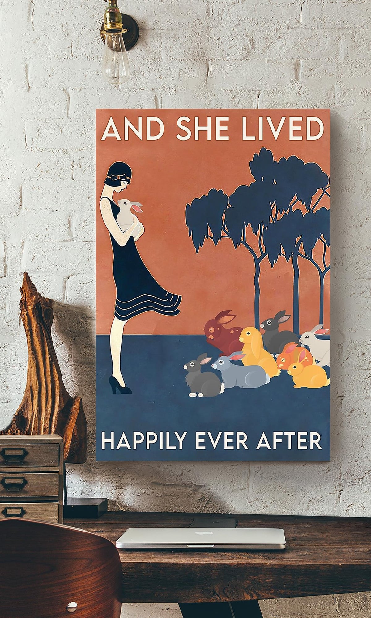 Girl With Rabbits And She Lived Happily Ever After Wall Art Gift For Rabbit Lover Canvas Gallery Wrapped Canvas Framed Gift Idea Framed Prints, Canvas