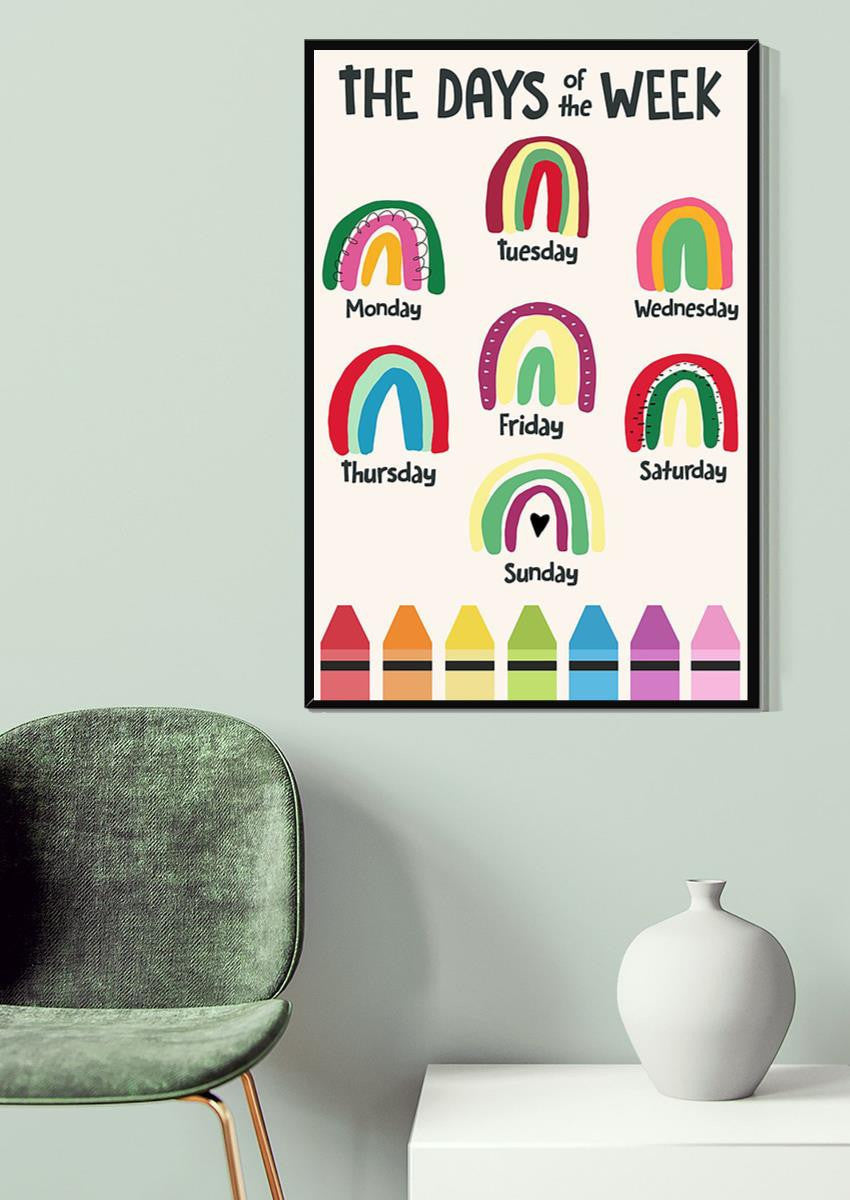 Colorful Rainbow Drawing Days Of The Week Home Decor Wall Art Gift For Teacher Nursery Kids Bedroom Decor Canvas Framed Prints, Canvas