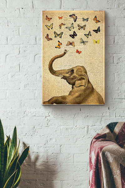 Elephant And Butterflies Vintage Poster Canvas Gallery Wrapped Canvas Framed Gift Idea