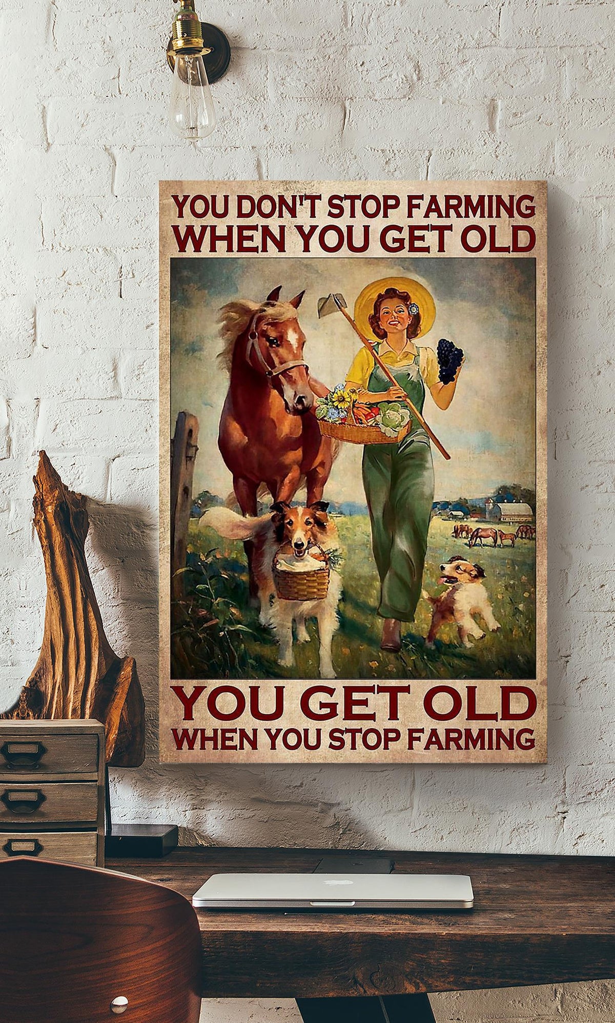 Girl With Dog And Horses Dog You Get Old When You Stop Farming Wall Art For Home Farmhouse Decor Canvas Gallery Wrapped Canvas Framed Gift Idea Framed Prints, Canvas