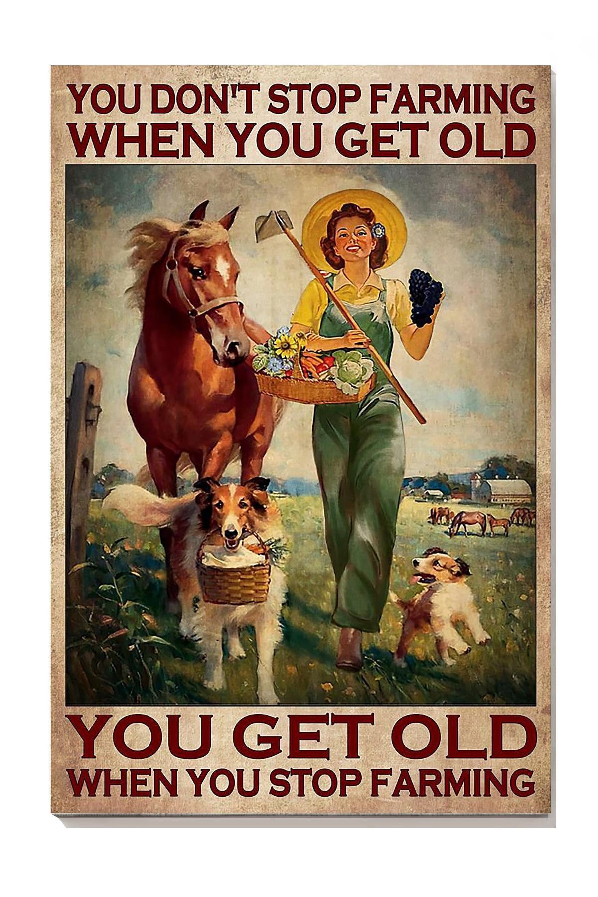 Girl With Dog And Horses Dog You Get Old When You Stop Farming Wall Art For Home Farmhouse Decor Canvas Gallery Wrapped Canvas Framed Gift Idea Framed Prints, Canvas