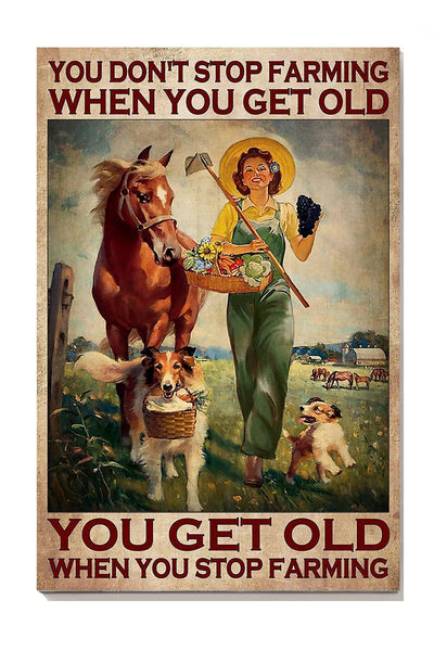 Girl With Dog And Horses Dog You Get Old When You Stop Farming Wall Art For Home Farmhouse Decor Canvas Gallery Wrapped Canvas Framed Gift Idea Framed Prints, Canvas