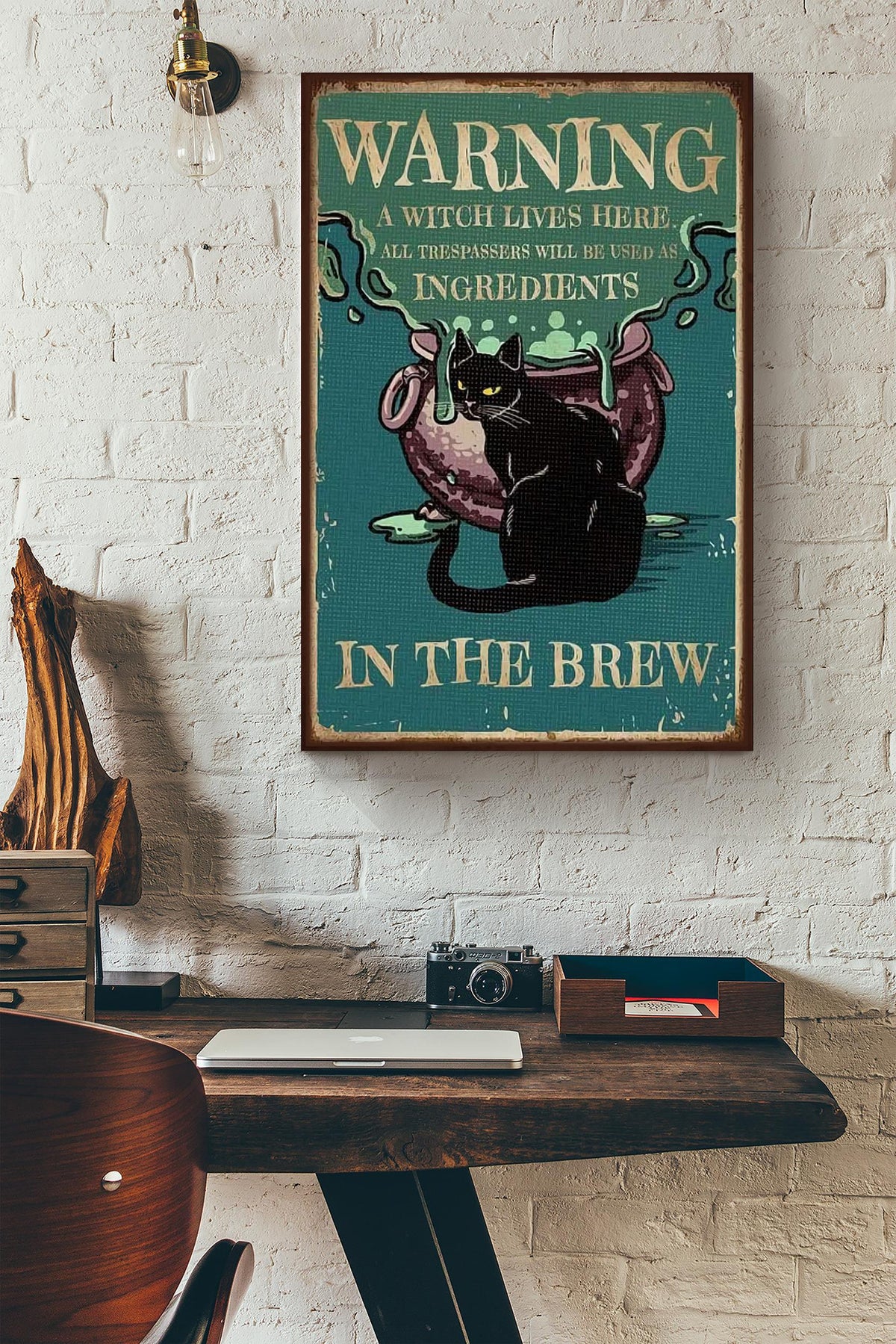 Halloween Cat Warning A Witch Lives Here All Trespassers Animal Wall Art Gift For Cat Lover International Cat Day Kitten Foster Canvas Framed Prints, Canvas