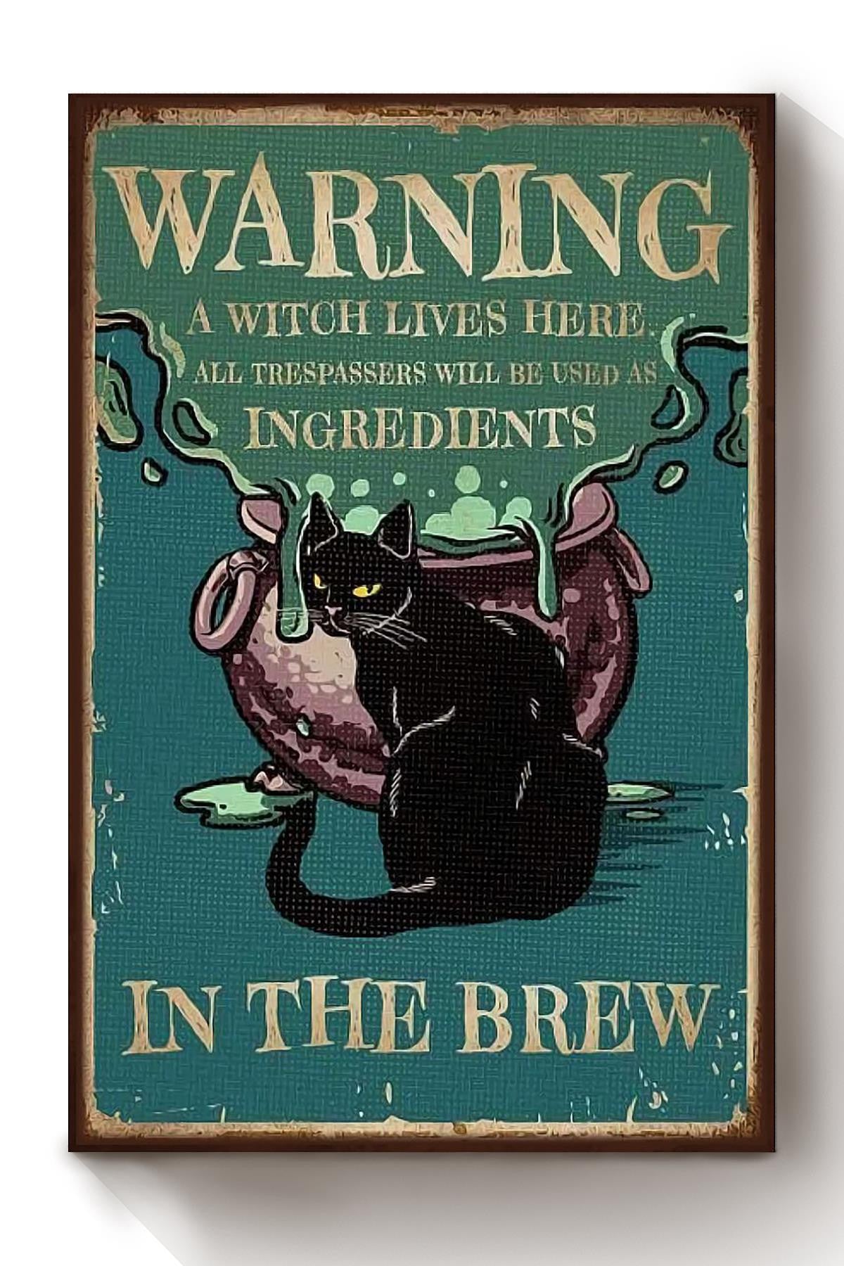 Halloween Cat Warning A Witch Lives Here All Trespassers Animal Wall Art Gift For Cat Lover International Cat Day Kitten Foster Canvas Framed Prints, Canvas