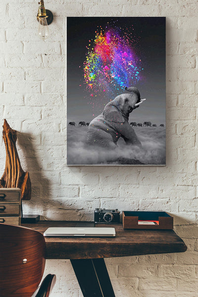 Elephant And Colorful Water Art Poster Canvas Gallery Wrapped Canvas Framed Gift Idea