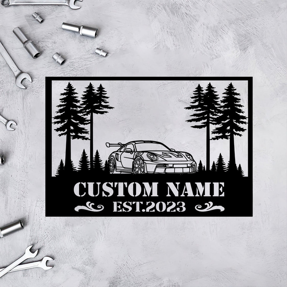 911 992 GT3 RS Angle Silhouette Metal Wall Art, Personalized Garage Sign with Custom Name EST, Car Decor Gift for Men Dad Husband