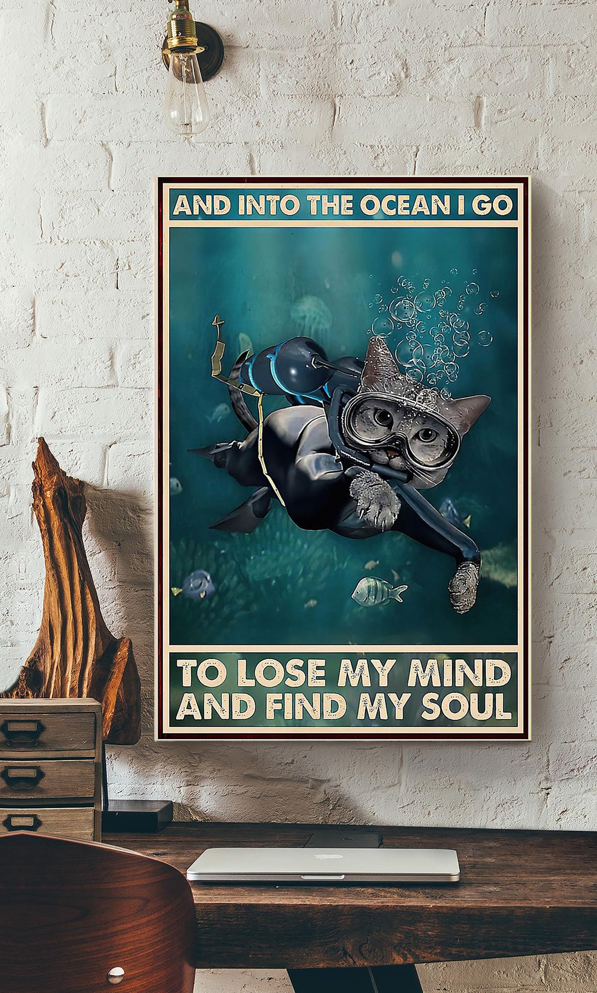 Scuba Diving Into The Ocean I Go To Find My Soul Cat Scuba Diving Wall Art Funny Moment For Cat Lover Scuba Diver Canvas Framed Prints, Canvas
