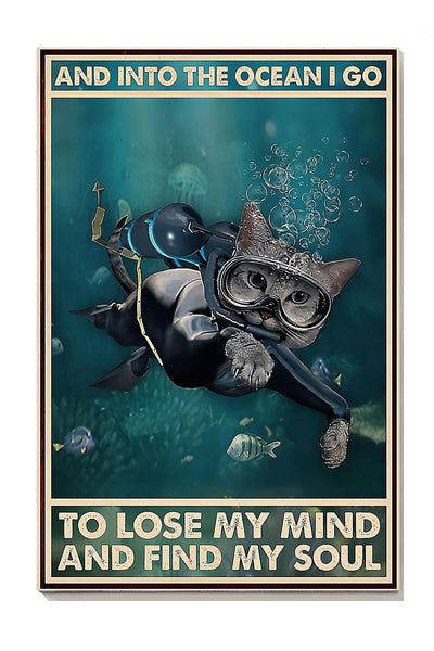 Scuba Diving Into The Ocean I Go To Find My Soul Cat Scuba Diving Wall Art Funny Moment For Cat Lover Scuba Diver Canvas Framed Prints, Canvas