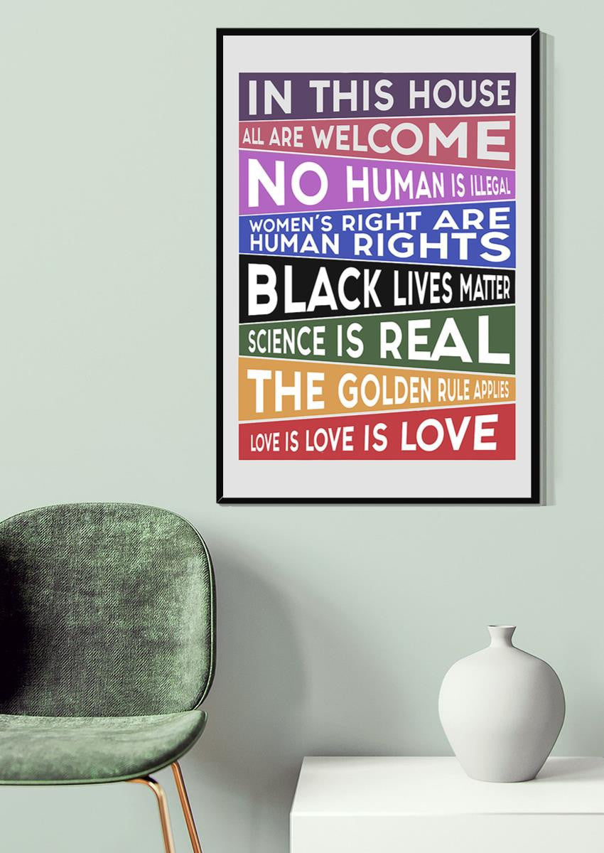 In This House All Are Welcome Slogan Equality Wall Art Gift For Lgbt Iderd Canvas Gallery Wrapped Canvas Framed Gift Idea Framed Prints, Canvas