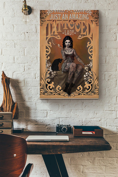 Just An Amazing Tattooed Lady Poster - Art Wall Art Canvas - For Tattoos Lover Emo Girl Edgy Girl Black Cat Lover Canvas Gallery Wrapped Canvas Framed Gift Idea Framed Prints, Canvas