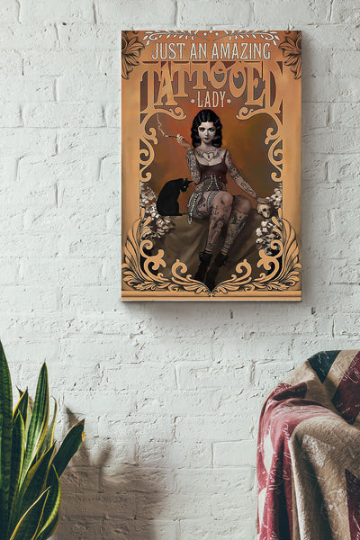 Just An Amazing Tattooed Lady Poster - Art Wall Art Canvas - For Tattoos Lover Emo Girl Edgy Girl Black Cat Lover Canvas Gallery Wrapped Canvas Framed Gift Idea Framed Prints, Canvas