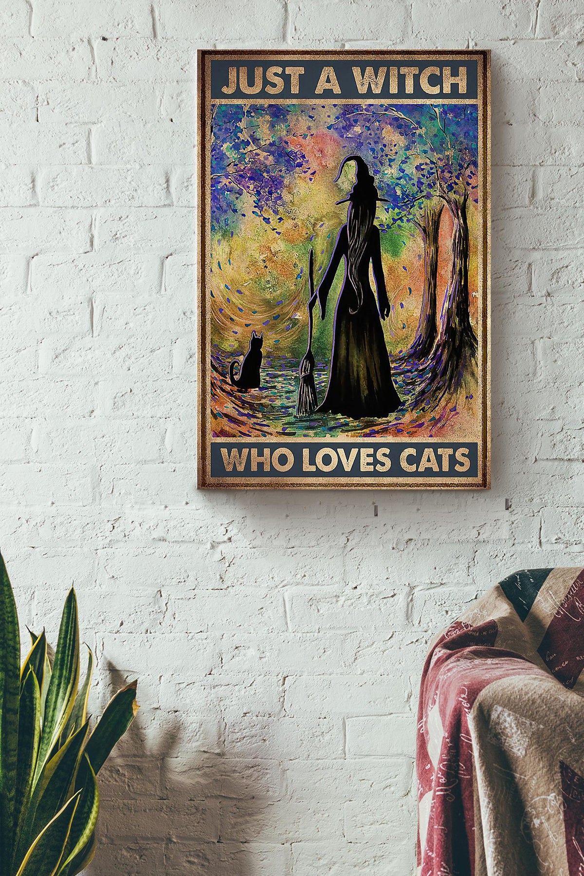 Just A Witch Who Loves Cats Animal Wall Art Gift For Cat Lover International Cat Day Kitten Foster Halloween Decor Canvas Framed Prints, Canvas