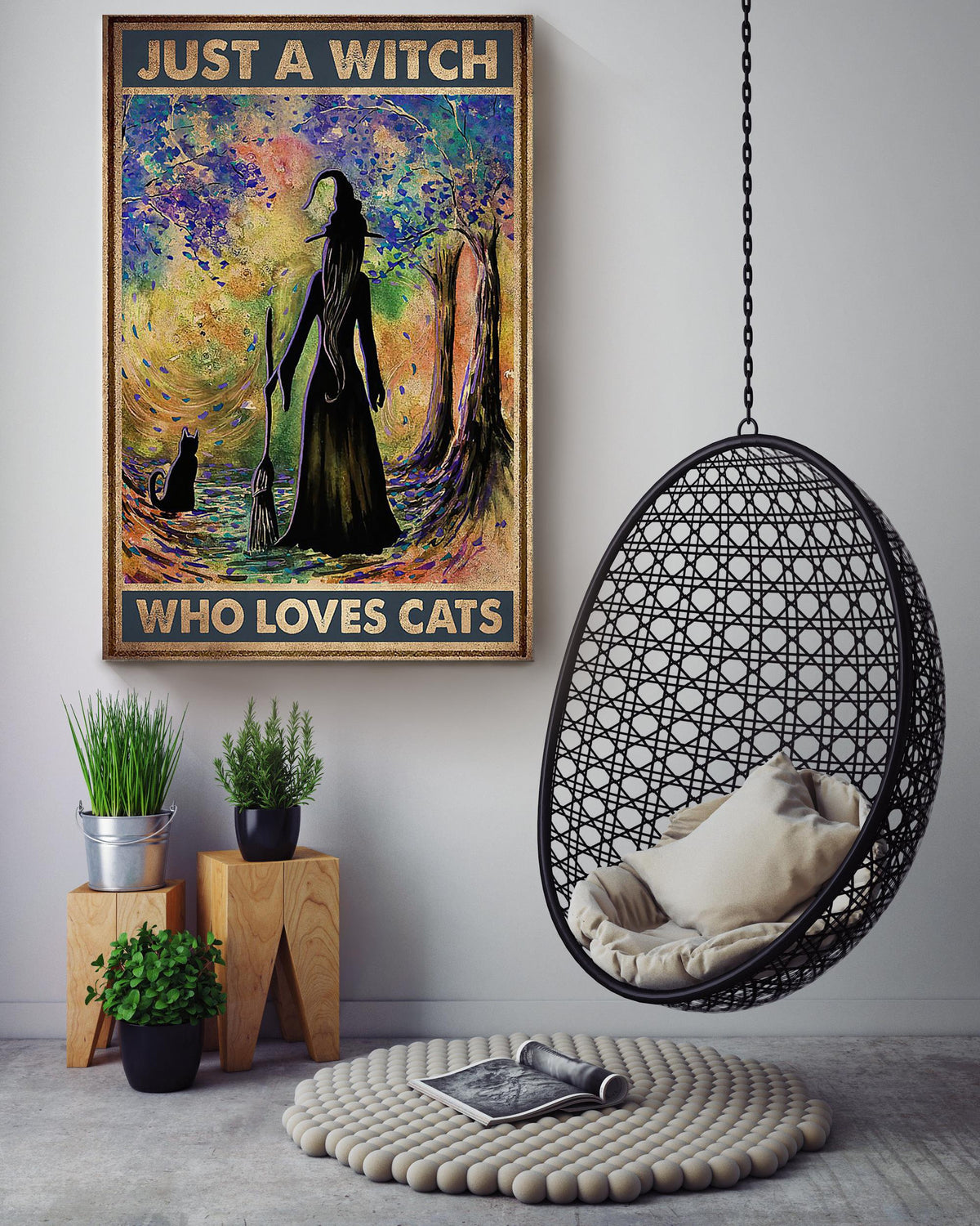 Just A Witch Who Loves Cats Animal Wall Art Gift For Cat Lover International Cat Day Kitten Foster Halloween Decor Canvas Framed Prints, Canvas