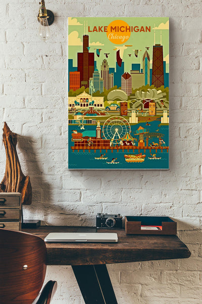 Lake Michigan In Chicago Poster - Travel Wall Art - Gift For American Tourist Souvenir Traveling Lover Canvas Gallery Wrapped Canvas Framed Gift Idea Framed Prints, Canvas