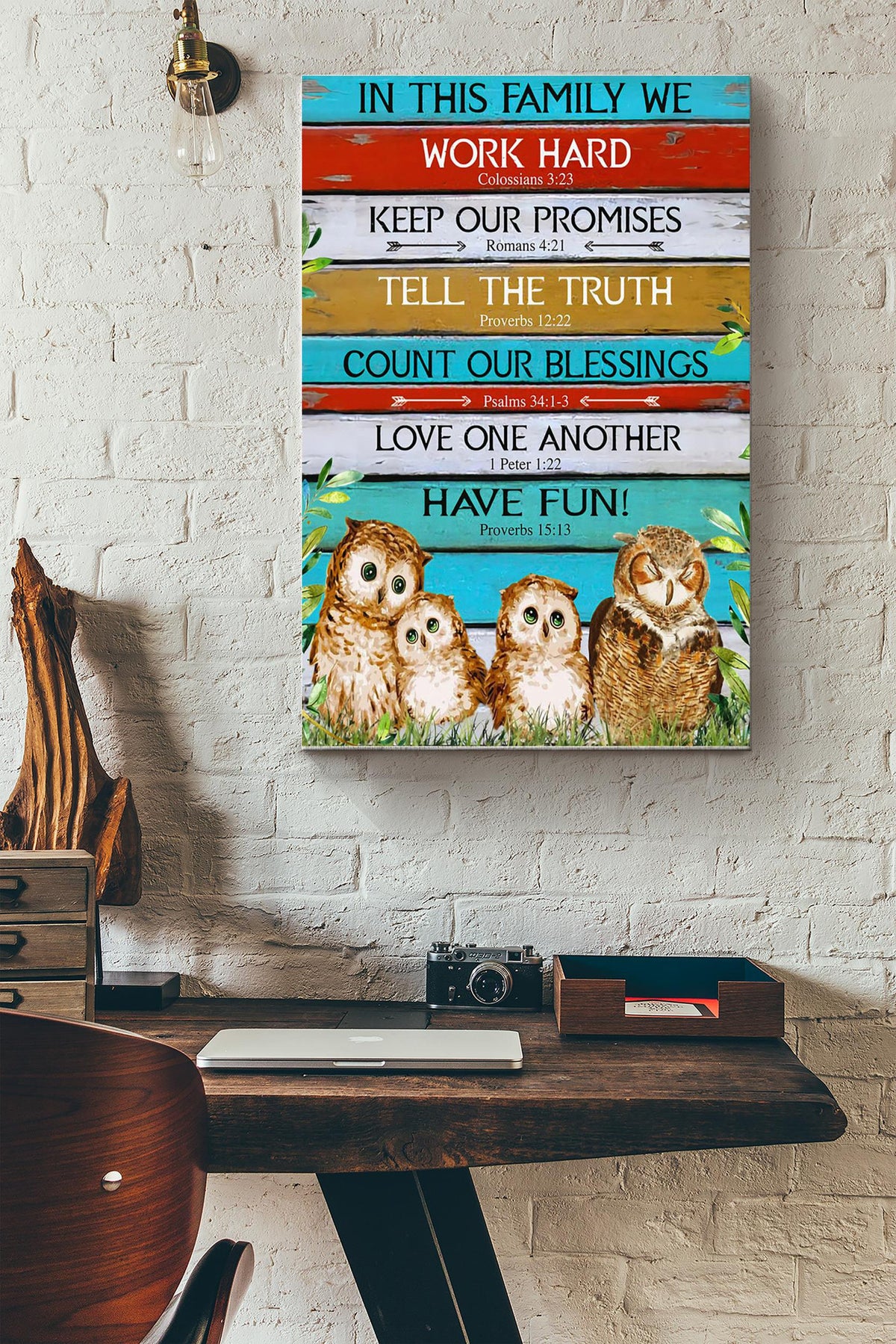 Owl - In This Family We Work Hard Canvas Gallery Wrapped Canvas Framed Gift Idea