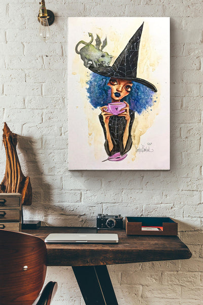 Little Witch With A Bat Cat Poster Gift For Home Decor, Housewarming Decor, Cafe Decor Canvas Gallery Wrapped Canvas Framed Gift Idea