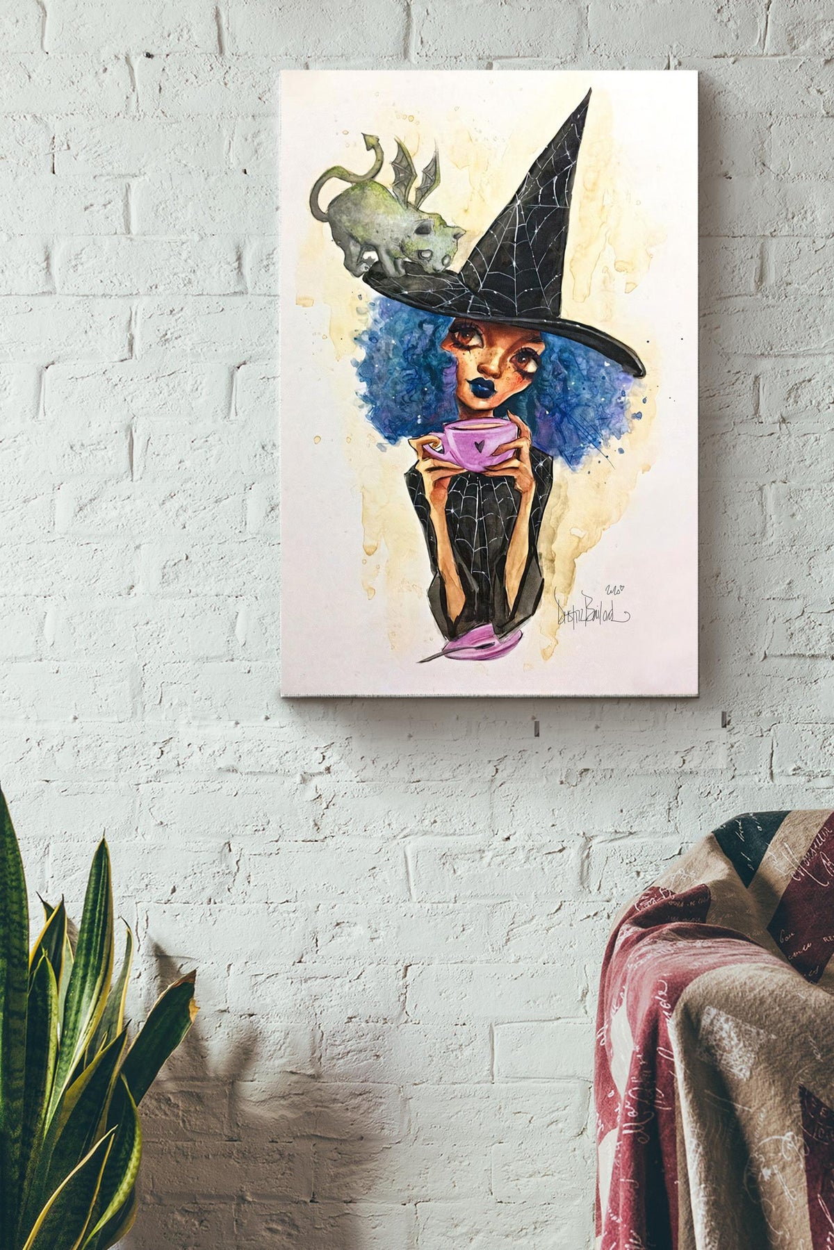 Little Witch With A Bat Cat Poster Gift For Home Decor, Housewarming Decor, Cafe Decor Canvas Gallery Wrapped Canvas Framed Gift Idea