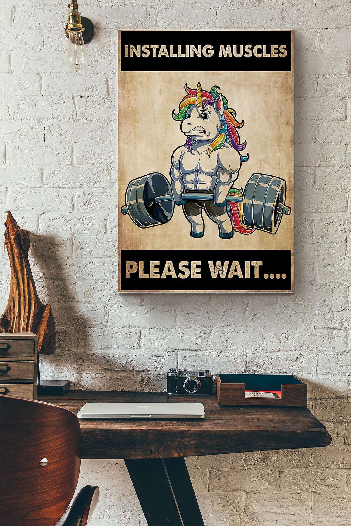 Installing Muscles Please Wait Lifting Unicorn Poster Canvas Gallery Wrapped Canvas Framed Gift Idea